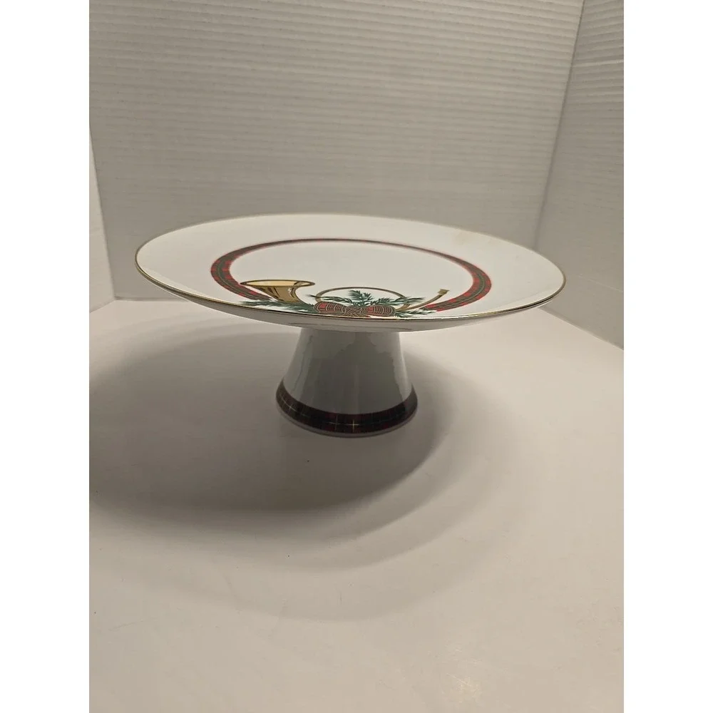 VTG‎ GEORGE BRIARD THE HUNT WINTER CAKE PEDESTAL PLAID GOLD HORN